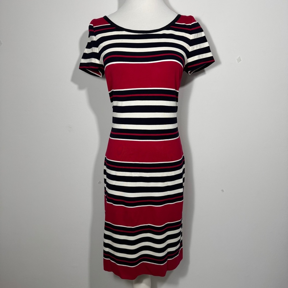 Banana Republic Red Black White Striped Short Sleeve‎ Sheath Dress Size 2 - Picture 2 of 12